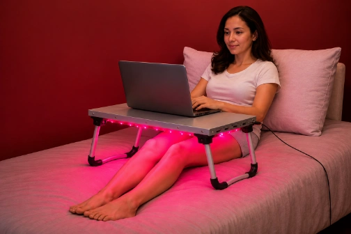 Woman working on a laptop in bed with the VioShield platform folded gently over her legs, glowing red light underneath
